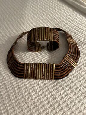 Vintage-Inspired Leather & Brass Statement Necklace and Bracelet Set